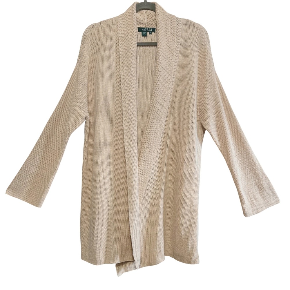 Lauren Ralph Lauren Tan Chic Linen Waffle Knit Open Front Cardigan Sweater 1X